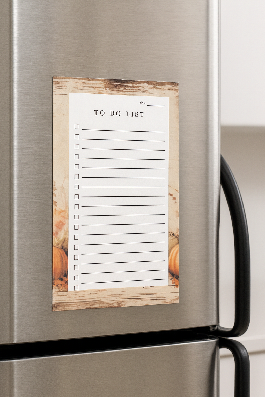 Magnetic To Do List notepad with rustic wood border and watercolor pumpkin design, displayed on a stainless steel refrigerator. Features lined checklist with checkboxes and date section for daily organization and fall-inspired home décor.