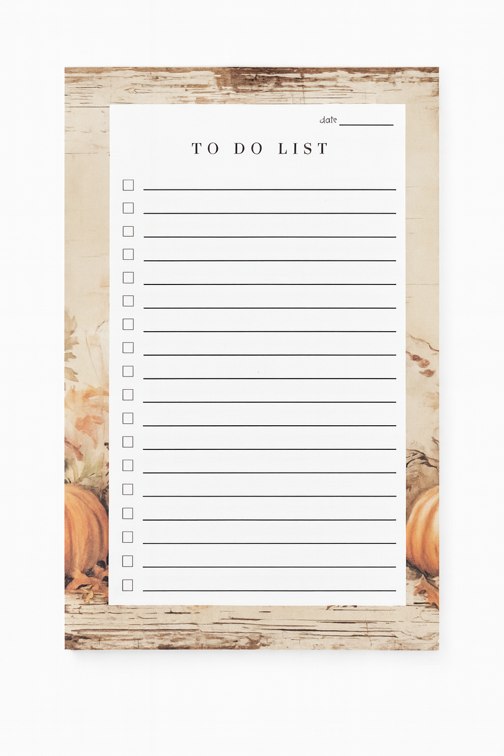 Magnetic To Do List notepad with rustic wood border and watercolor pumpkin design, displayed on a stainless steel refrigerator. Features lined checklist with checkboxes and date section for daily organization and fall-inspired home décor.