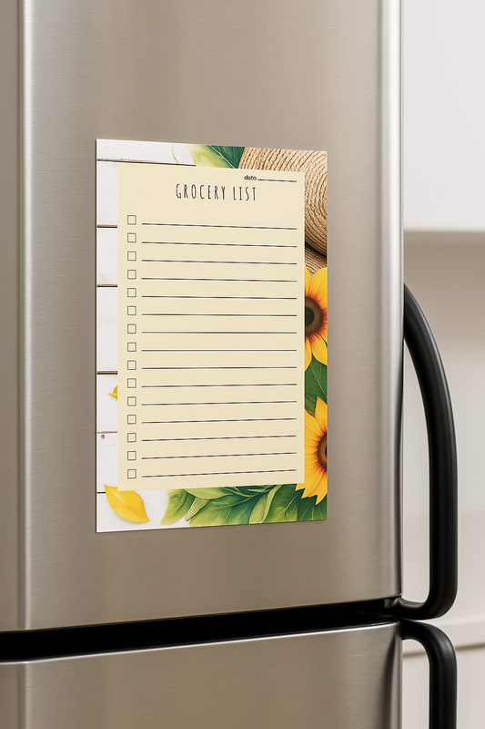 Rustic sunflower-themed grocery list notepad featuring a straw hat design, lined checklist with checkboxes, and space for the date, perfect for meal planning and shopping organization.