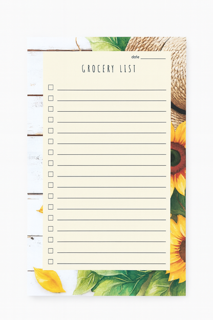 Rustic sunflower-themed grocery list notepad featuring a straw hat design, lined checklist with checkboxes, and space for the date, perfect for meal planning and shopping organization.